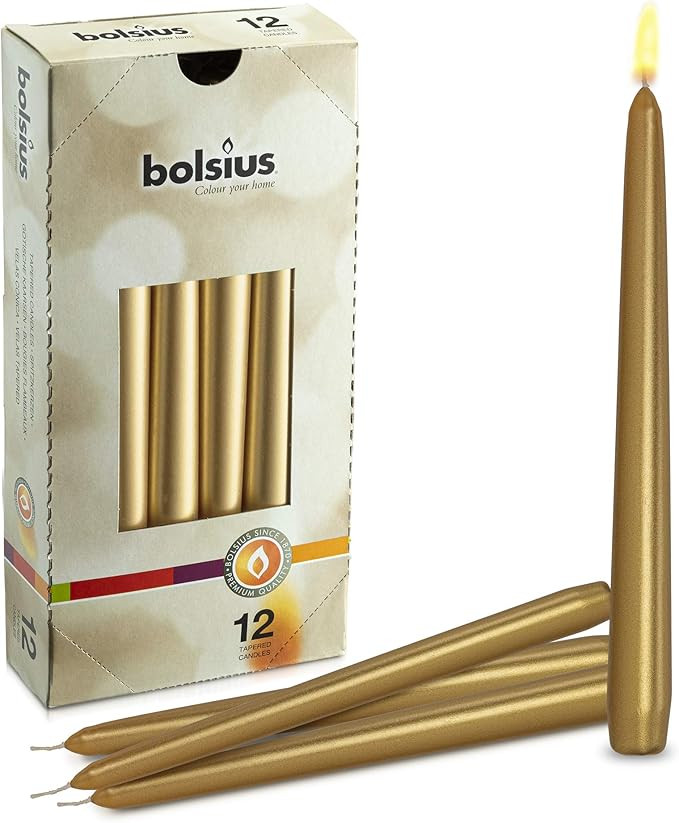 BOLSIUS Metallic Gold Taper Candles - 12 Pack Individually Wrapped 10 Inch Dinner Candle Set - 8 ... | Amazon (US)