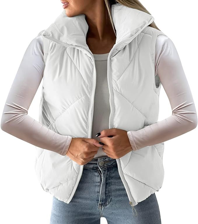 Womens Quilted Cropped Puffer Jacket Vest Zip UP fall winter Short dowm Bubble Coats | Amazon (US)