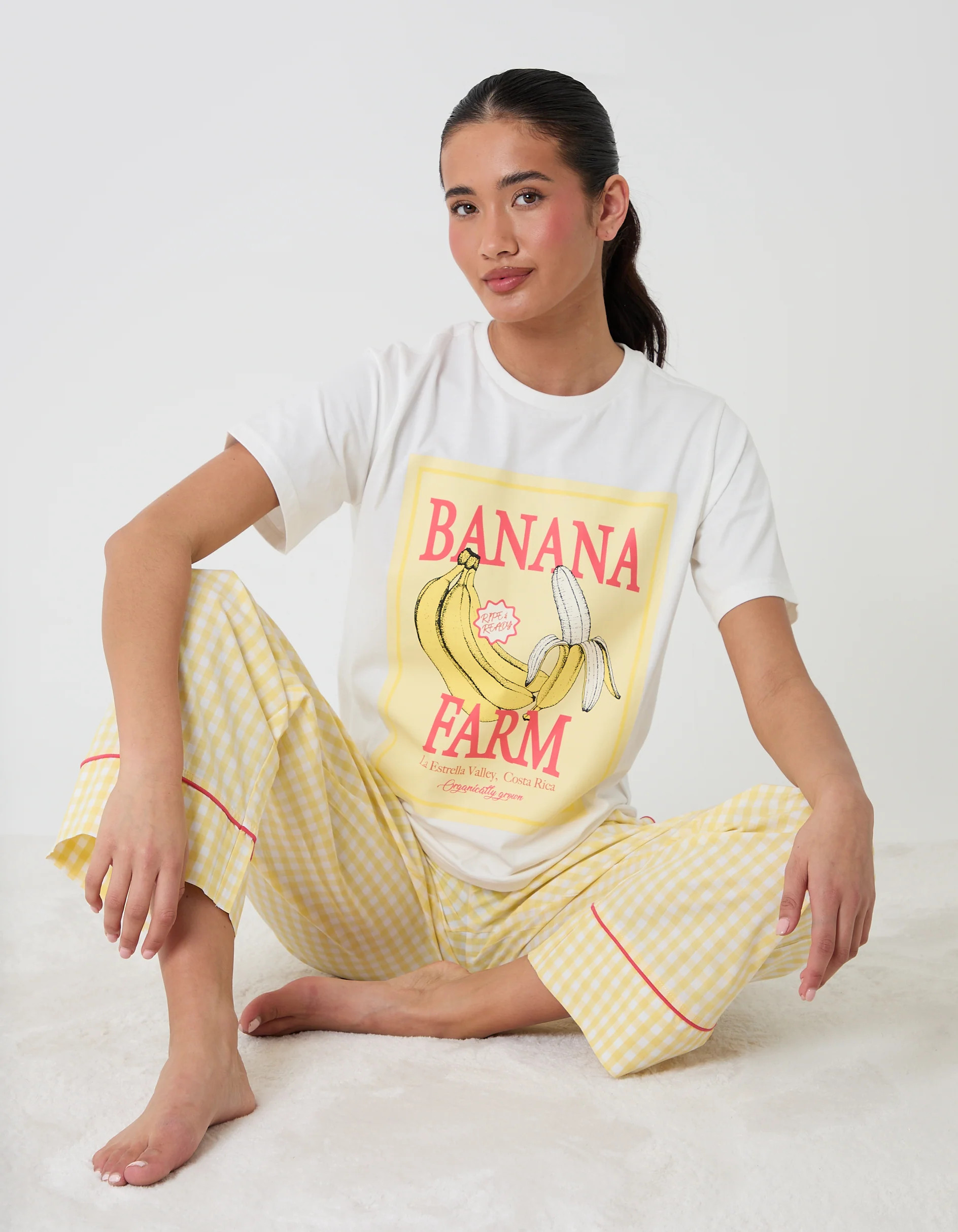 Banana Farm Print Pure Cotton Pyjama Set in Yellow Check | Threadbare