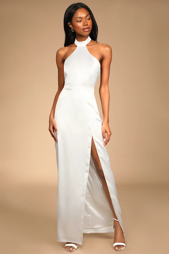 Headed Towards Romance White Satin Backless Halter Maxi Dress | Lulus