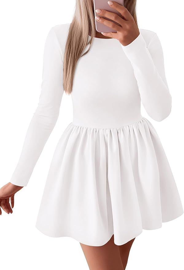 PRETTYGARDEN Women's Long Sleeve Mini Dresses 2025 Fall Casual Crewneck Pleated A Line Party Cock... | Amazon (US)