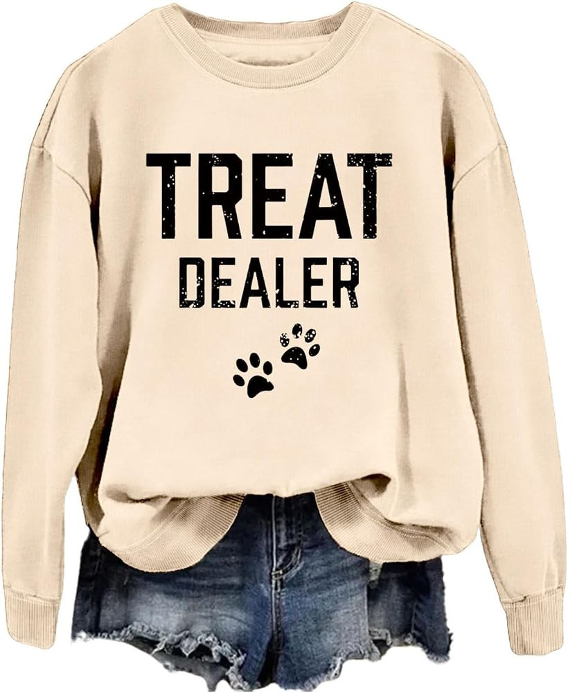 Treat Dealer Sweatshirt Women Dog Paw Print Graphic Shirt Funny Humor Dog Mom Shirt Long Sleeve C... | Amazon (US)