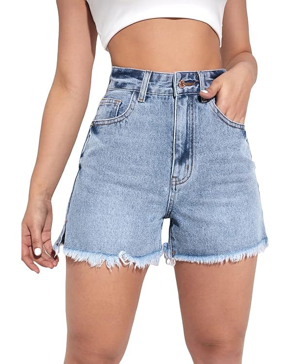 MakeMeChic Women's Jean Shorts High Waisted Frayed Hem Split Denim Shorts | Amazon (US)
