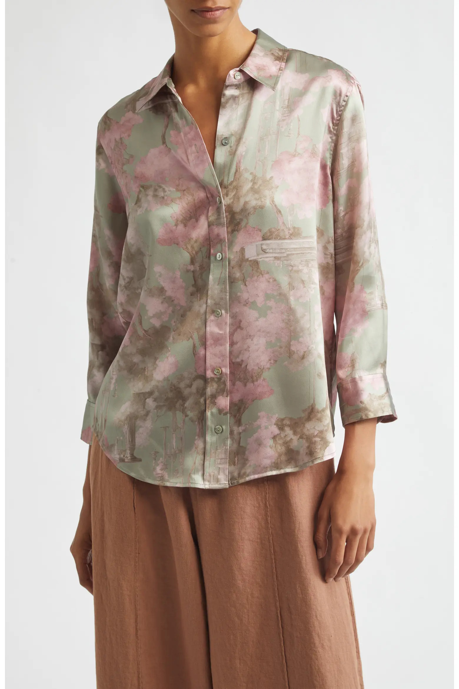 Dani Floral Three-Quarter Sleeve Silk Button-Up Shirt (Women) | Nordstrom | Nordstrom