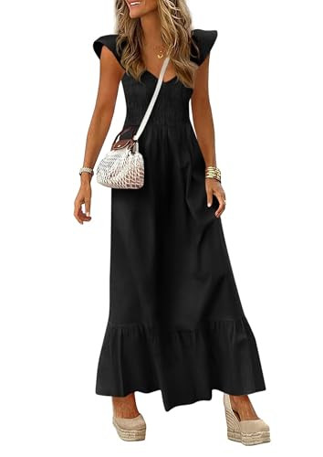 PRETTYGARDEN Women's 2026 Summer Casual Maxi Dresses Cap Sleeve V Neck Smocked Long Pockets Party Sundress Vacation Outfits (Black,Large) | Amazon (US)