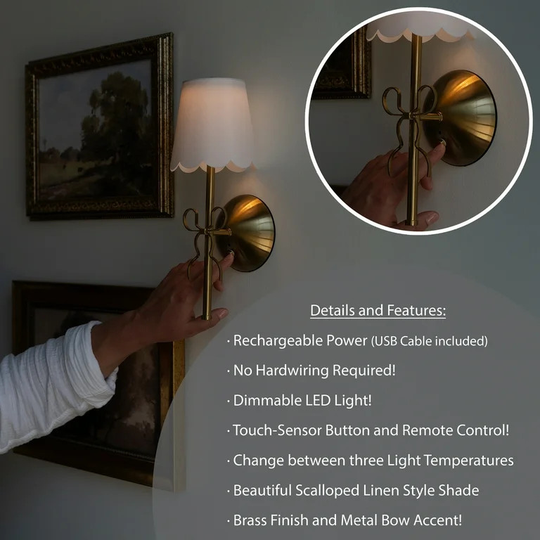 Home Decor Collection Sterling & Noble Home Cordless Rechargeable Brass Wall Sconce with Bow and ... | Walmart (US)