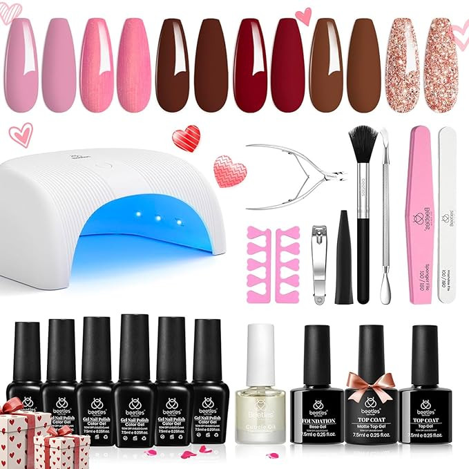 beetles Gel Polish Starter Kit with Uv Light, 6 Colors Gilded Years Wine Red Golden Rose Glitter ... | Amazon (US)