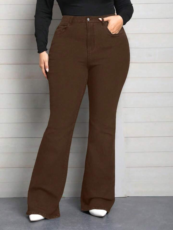 SHEIN Privé Plus Size Women Pocketed Casual Stretchy Flared Jeans Plus Jeans For Women Summer Ou... | SHEIN