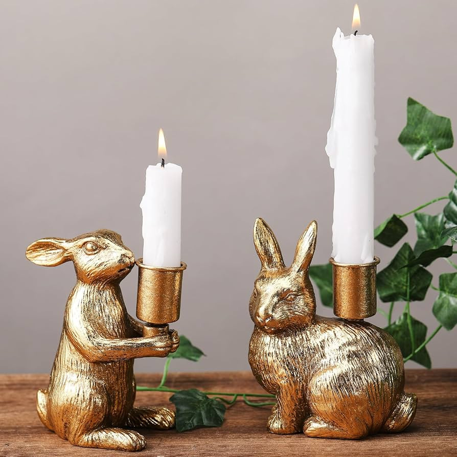 Sliner 2 Set Easter Bunny Candle Holders Rabbit Gold Taper Decorations, Vintage Rustic Candlestic... | Amazon (US)