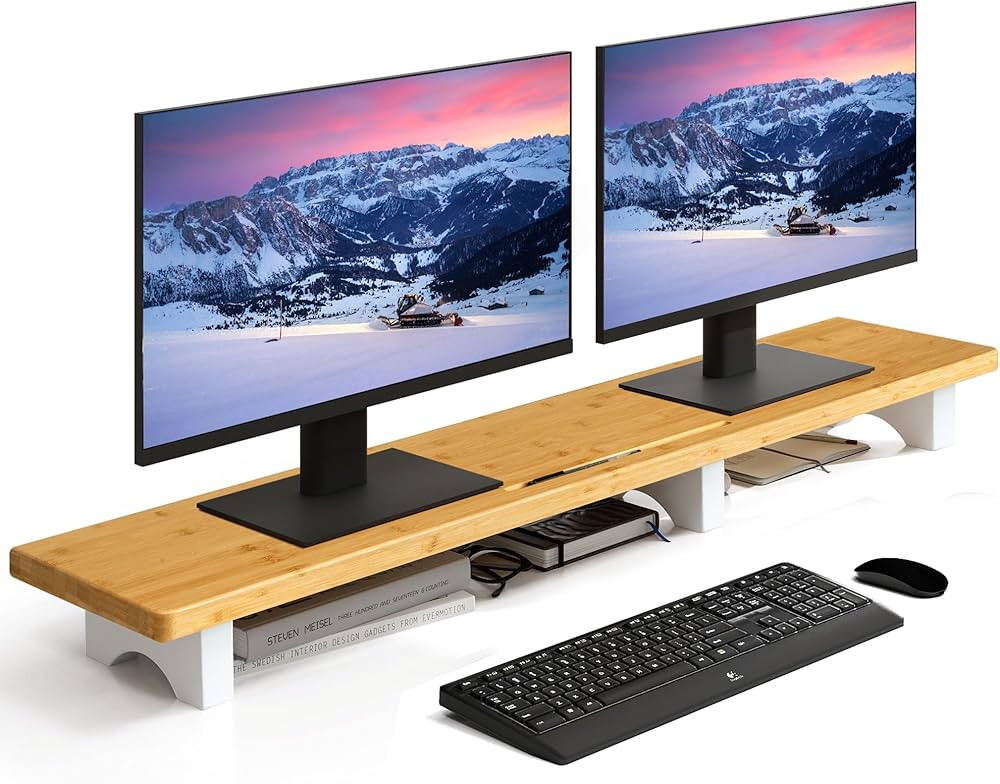 Dual Monitor Stand for 2 Monitors, Solid Wood Rustic Desk Monitor Stand with Storage, Wooden Legs... | Amazon (US)