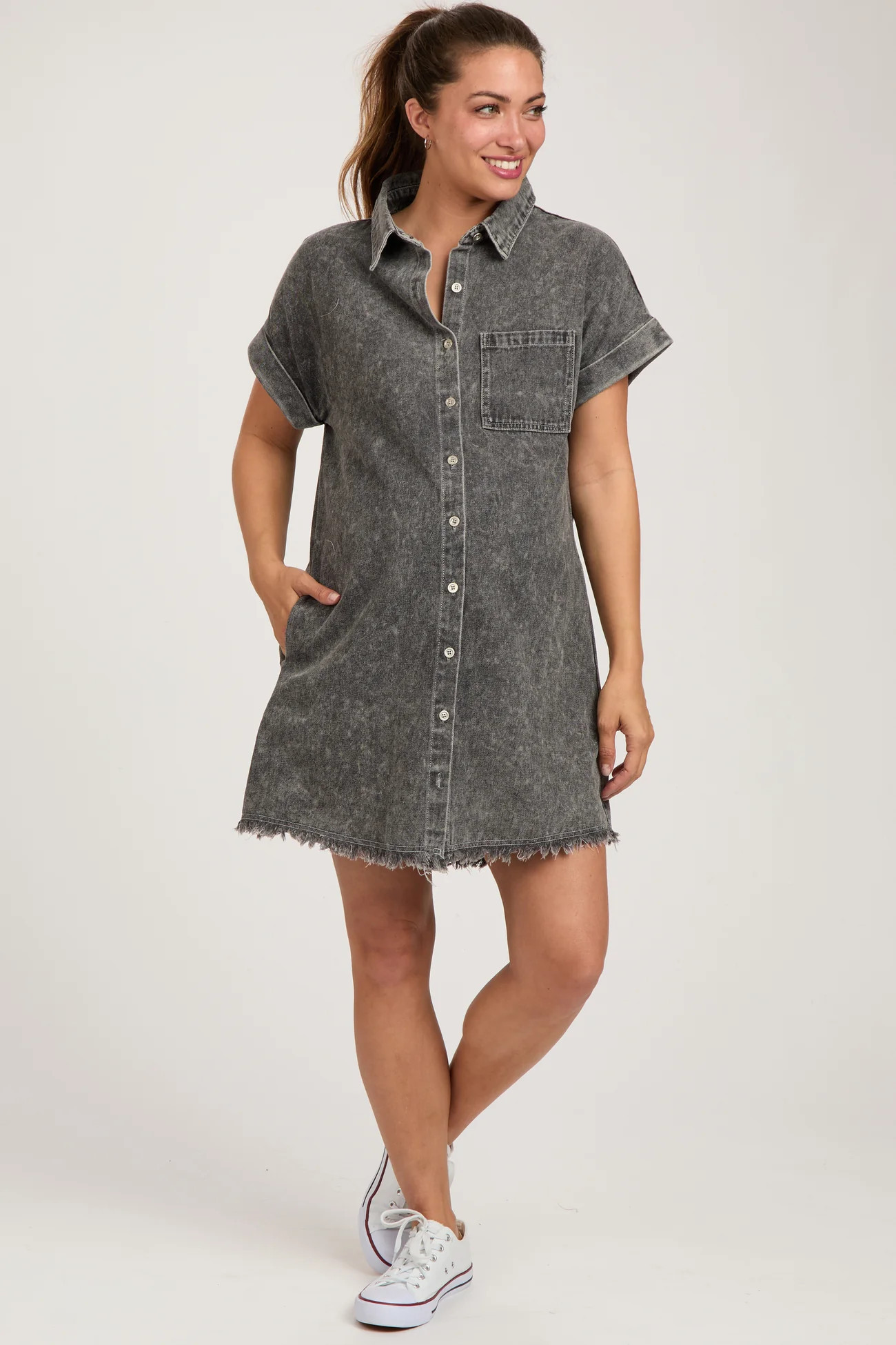 Black Denim Button Up Maternity Dress | PinkBlush Maternity