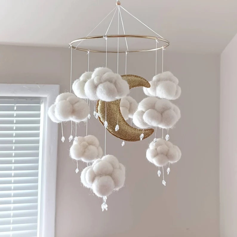 Cloud mobile nursery Space mobile crib Moon baby mobile boy Sky mobile neutral Felt rain clouds t... | Etsy (US)