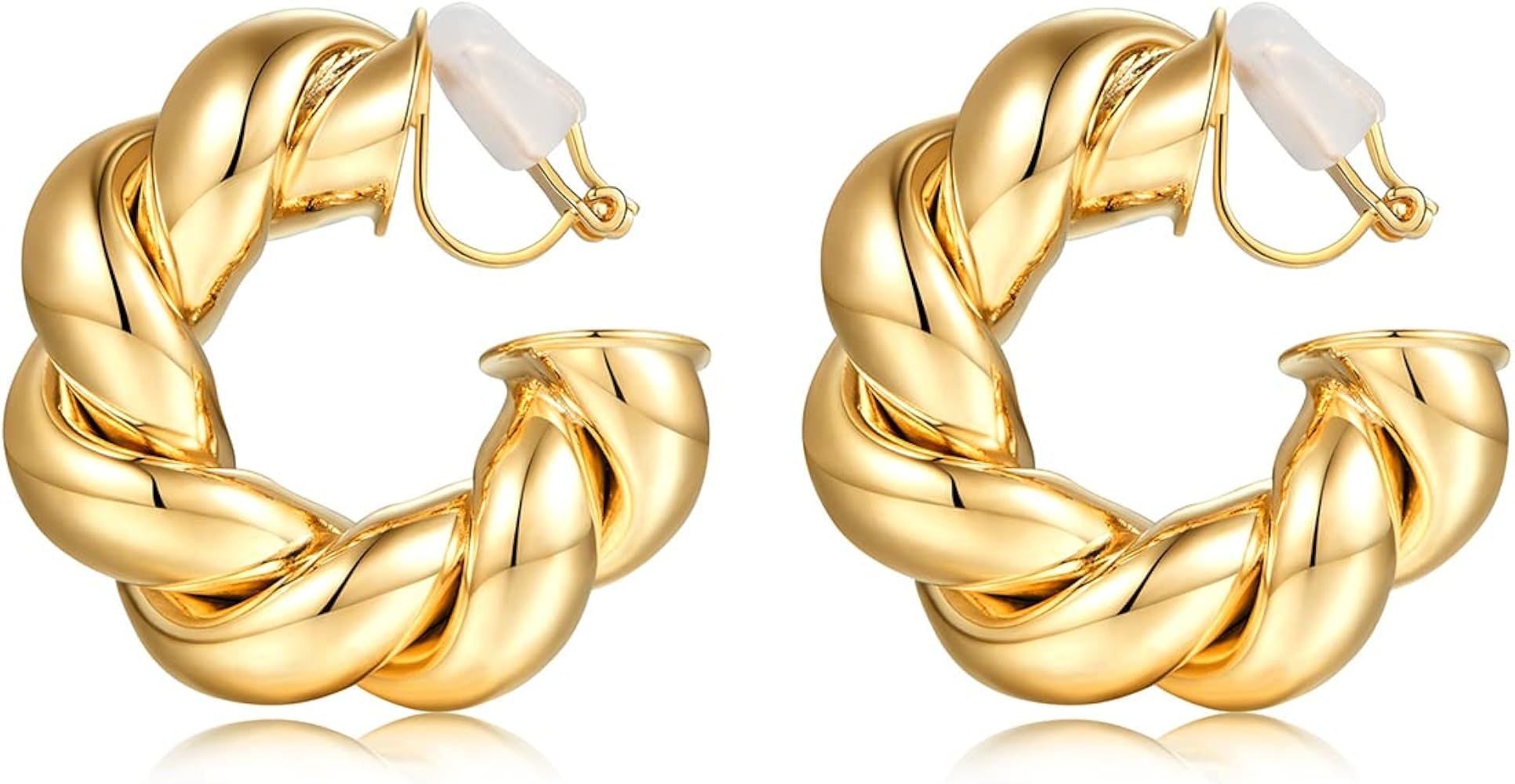 FAMARINE Gold Hoop Clip on Earrings for Women, Geometric Chunky Earrings Girls Gift, Gold Sliver | Amazon (US)