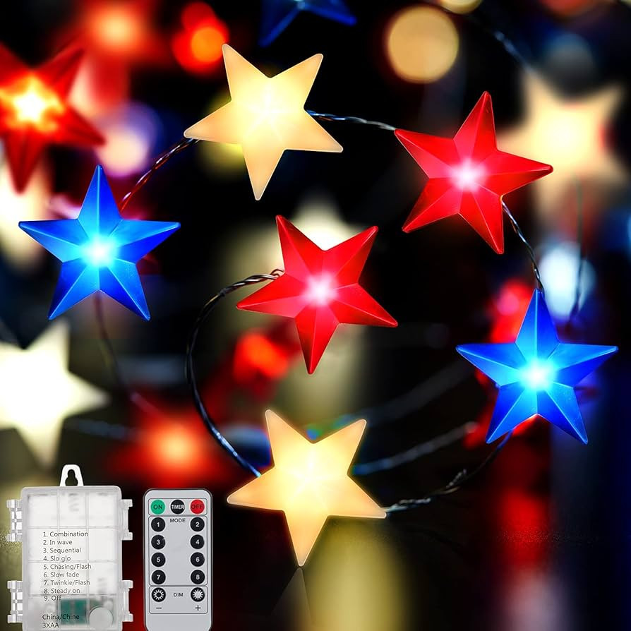 4th of July Lights - 16 FT 50 LED Red White and Blue Lights Battery Operated, Patriotic Light wit... | Amazon (US)