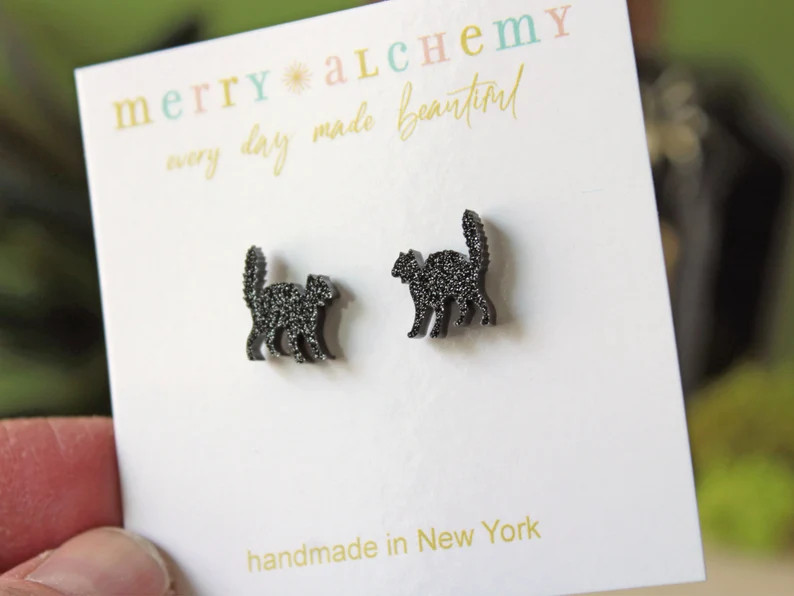 Black Cat Earrings Halloween Earrings Stud Earrings Witchy - Etsy | Etsy (US)