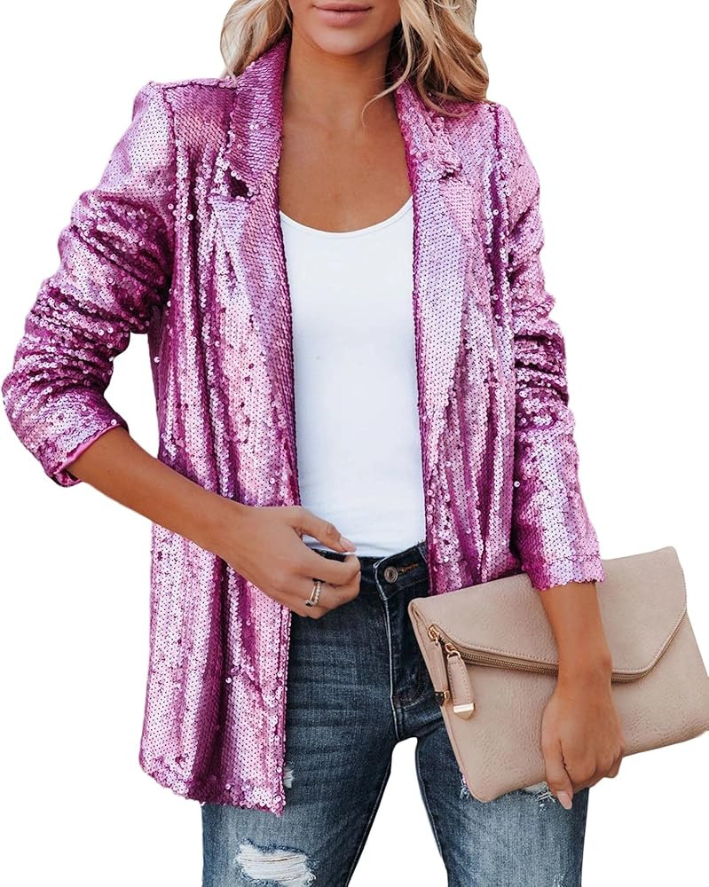 SEMATOMALA Women's Sequin Shiny Open Front Blazer Evening Party Sparkly Long Sleeve Slim Cardigan... | Amazon (US)