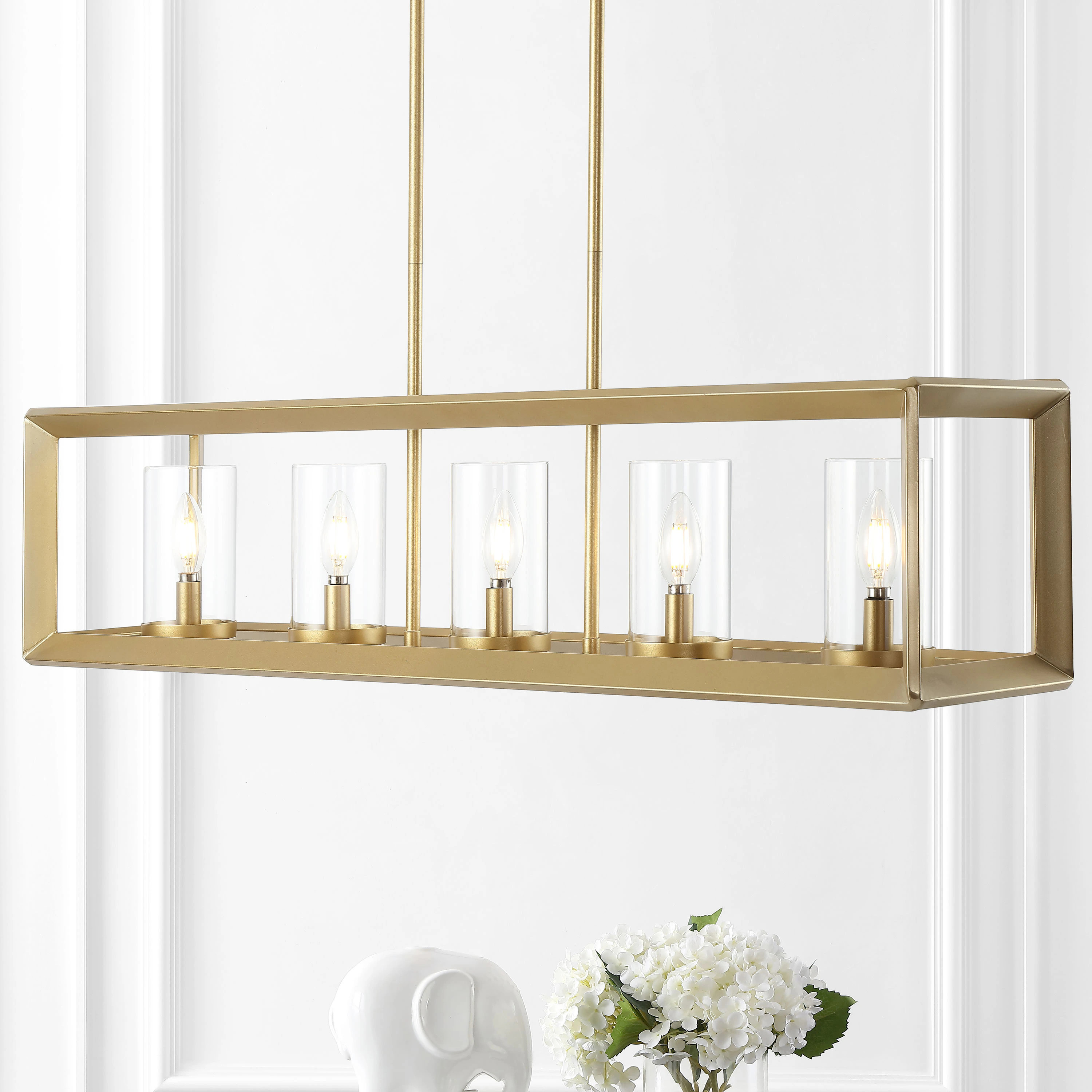 JONATHAN Y Anna 38.5"" Metal/Glass Traditional Transitional 5 -Light Brass Gold Farmhouse Clear glass Linear Large Hanging Pendant light | JYL7414C | Lowe's