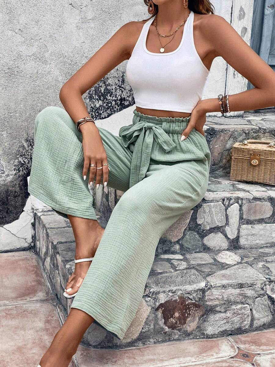 SHEIN VCAY Solid Crop Halter Top & Paperbag Waist Belted Wide Leg Pants | SHEIN
