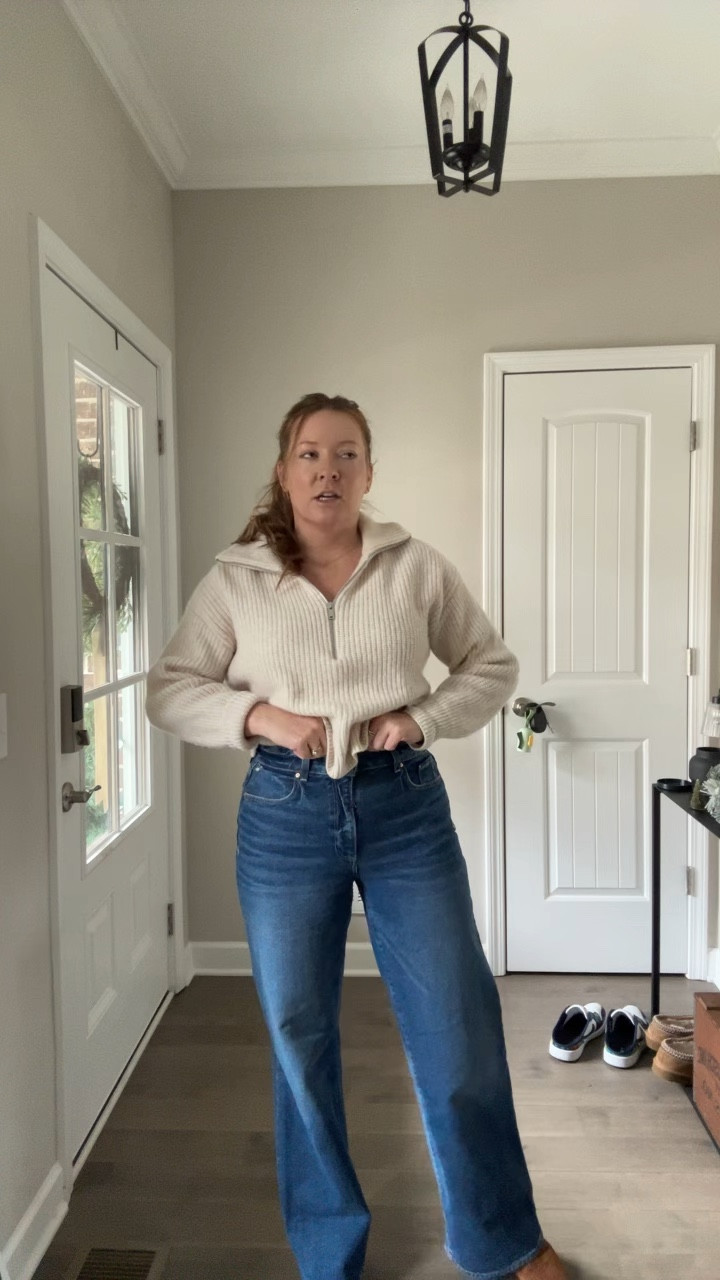 Ivory half zip sweater / tts wearing a medium 
Wide leg jeans / tts wearing a 29
Brown suede booties / tts 

#LTKFindsUnder100 #LTKootd #LTKSaleAlert