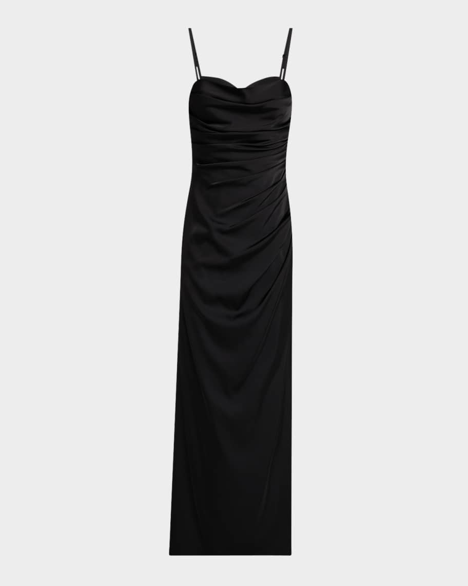 Liv Foster Pleated Side-Slit Satin Column Gown | Neiman Marcus