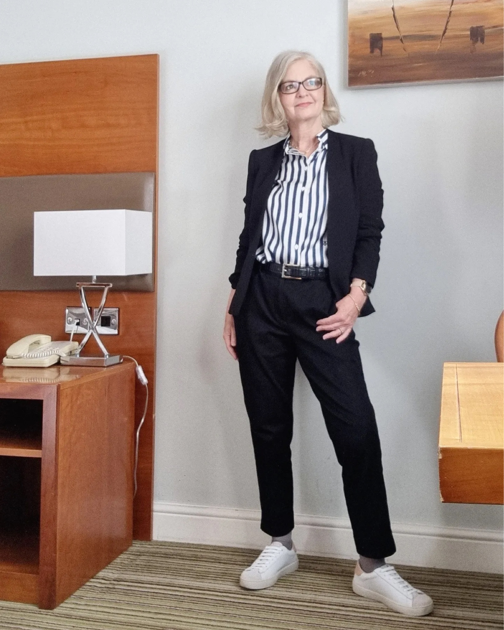 Navy blazer, striped shirt, black formal trousers, black thin belt, white trainers, formal workwear, office outfit 

#LTKSeasonal #LTKworkwear #LTKstyletip
