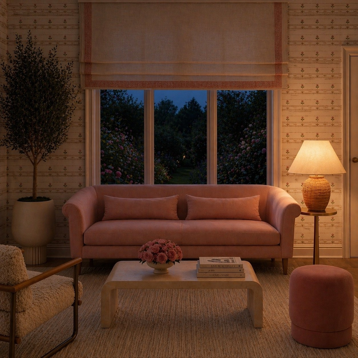 Winding down in the living room. Soft lamp light, blush tones, and a quiet evening mood make this such a lovely lounging moment. I love how the pink palette keeps the room feeling calm and uplifting, while the Roman shade, sofa, sculptural coffee table, accent lamp, and ottoman layer in warmth and texture. Creating atmosphere can be as simple as beautiful lighting and pieces that make you want to stay awhile.

#sofa #coffeetable #tablelamp #ottoman #romanshade #accentchair #wallpaper #pinkinteriors #lounging #livingroomdecor #interiorstyling

#LTKSaleAlert #LTKFestival #LTKHome