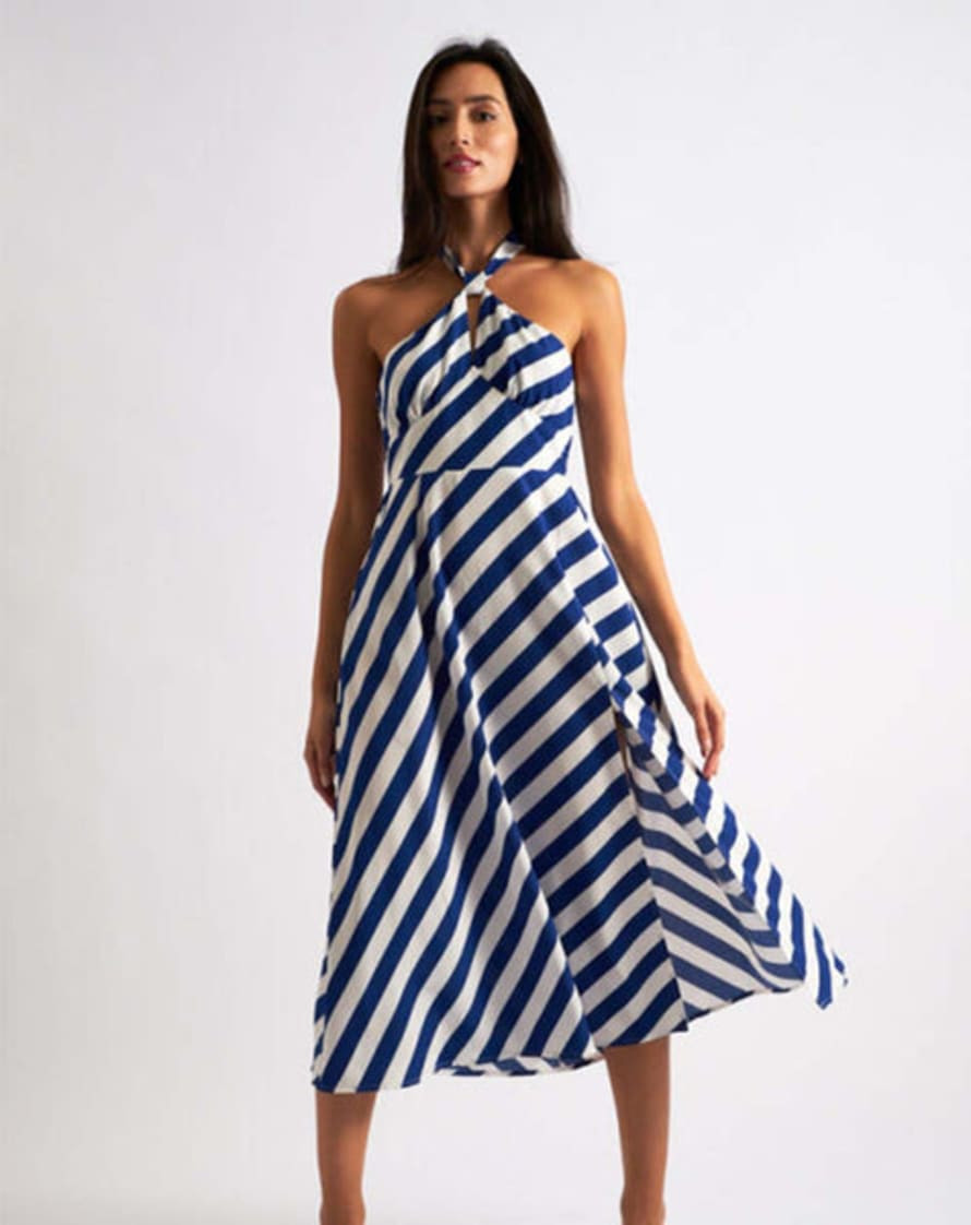 Louche London Louche - Geri Halter Midi Dress - Blue Diagonal Lines - Trouva | Trouva (Global)