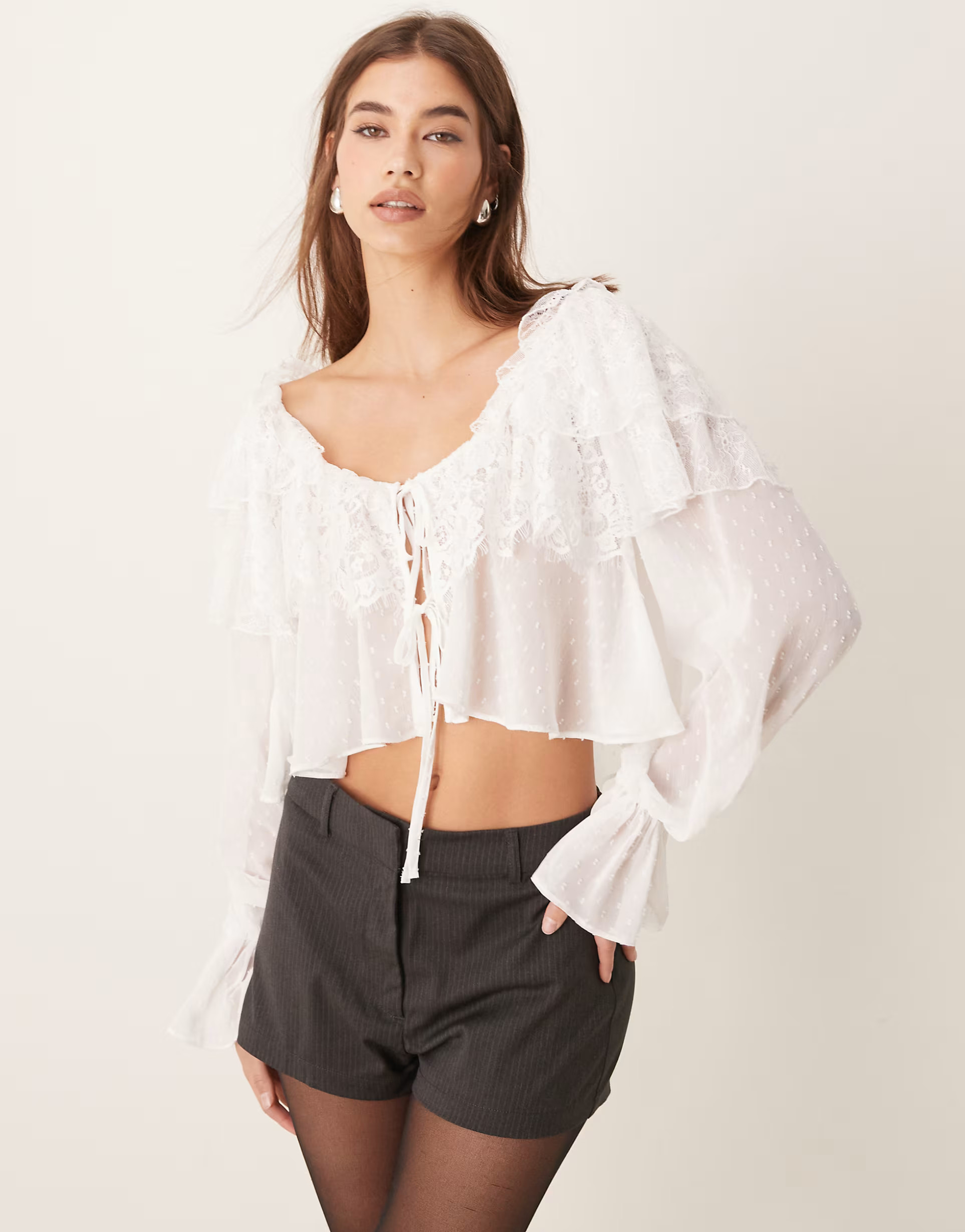 ASOS DESIGN mixed lace & textured tie front ruffle blouse in ivory | ASOS (Global)