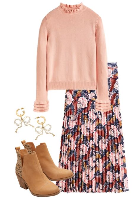 A little bit of frill dresses up this sweater, paired with a flowing pleated floral skirt for thanksgiving! Delicate bow earrings and comfortable fall booties | Thanksgiving outfits | holiday outfit ideas 

#LTKSeasonal #LTKHoliday