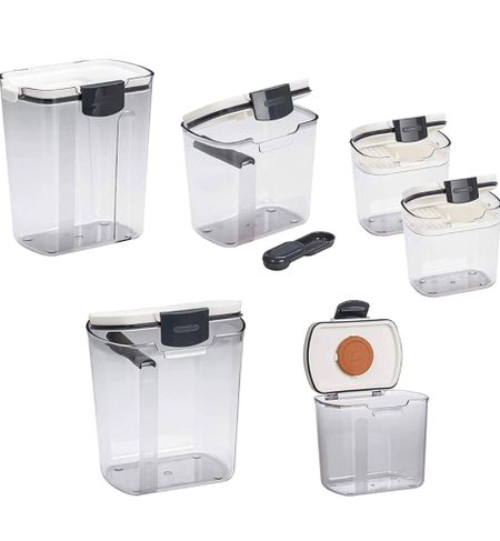 EASY STORAGE: Neatly and conveniently store baking ingredients with this 6-piece set
AIRTIGHT SEAL: Silicone gasket produces an airtight seal and hinged lid makes filling and dispensing easy
INCLUDES: Set includes a 4-quart flour keeper, 2.5-quart sugar keeper, 1.5-quart brown sugar keeper, 1.4-quart powdered sugar keeper, and (2) 1.5 cup mini keepers
FEATURES: Containers feature measurement marks; Flour container includes a removable level; Sugar container includes a flip pour spout; Brown sugar container includes a terra cotta disk; Powdered sugar container includes dusting spoon and level; Mini keepers include a level and dusting screen
SPECIFICATIONS: Dishwasher-safe; Material: Plastic, silicone, and stainless steel; Color: White and clear

#LTKkids #LTKhome #LTKfamily