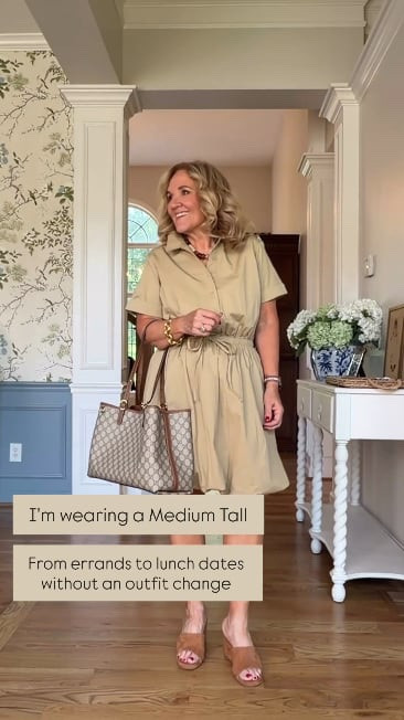 This neutral shirt dress is an easy one-and-done outfit you'll wear on repeat. The flattering drawstring waist creates a custom fit, and I'm wearing a Medium Tall for extra length and comfort.

💡 LTK MADE EASY
❤️ Heart = Support my posts!
🔖 Save = Get sale & restock alerts
📋 Lists = Keep favorites organized
📲 Share = Send lists and products to a friend. Hello, Christmas List!
💬 Comment = Ask me anything about what I'm wearing.:-)

#LTKootd #LTKgrwm #LTKOver40