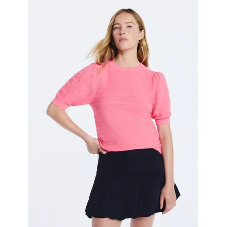 Free Assembly Women s Textured Sweater with Short Puff Sleeves Lightweight Sizes XS-XXL | Walmart (US)