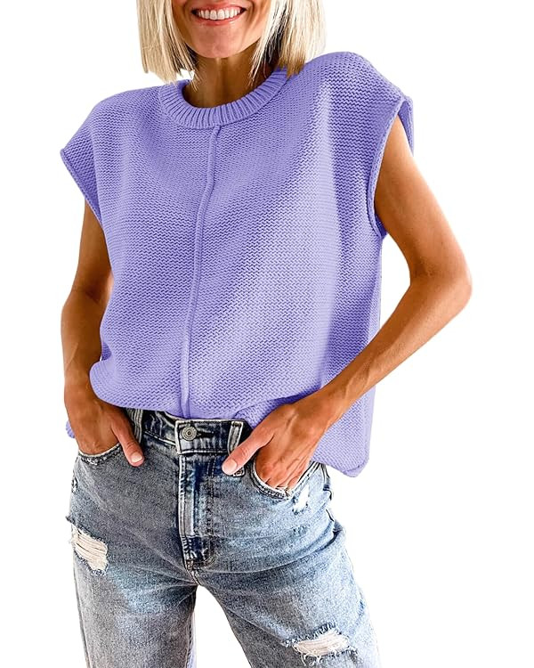 Saodimallsu Womens Summer Cap Sleeve Tops Casual Crew Neck Loose Fit Knit Lightweight Sweater Pul... | Amazon (US)