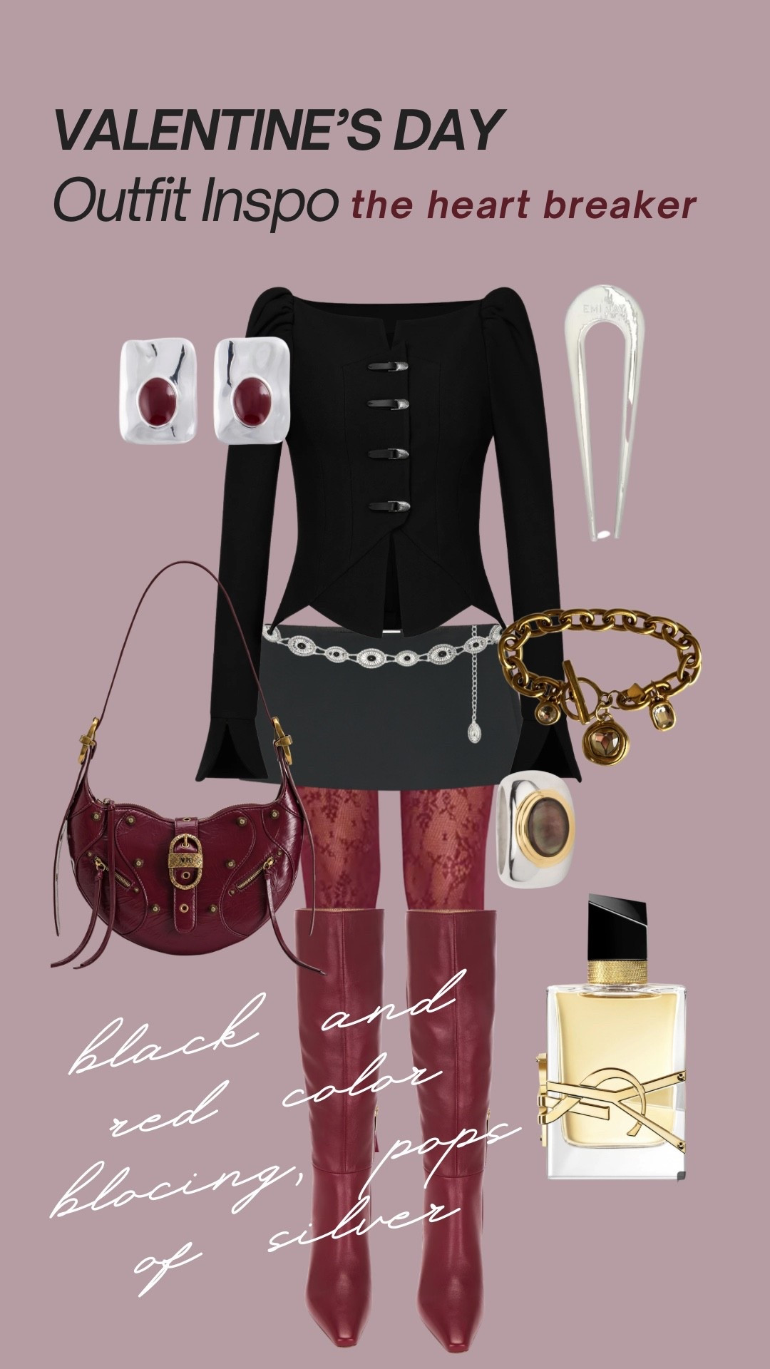 Valentine’s Day Outfit Inspo: The Heartbreaker. She leaves guys on read, she enjoys her own company, she sets trends, not follows them. 

Outfit detes:
-JWPei structured top and burgundy purse 
-Aritzia mini skort 
-Reformation lace leggings in burgundy 
-Lovers and Friends belt 
-Sam Edelman red boots 
- Silver jewelry and hairpin 
-YSL perfume 


#valentinesday#outfitinspo#darkromantic#operatrend#silverjewelry#JWPei#Aritzia#CoolGirl#Chic

#LTKootd #LTKSeasonal #LTKFindsUnder50