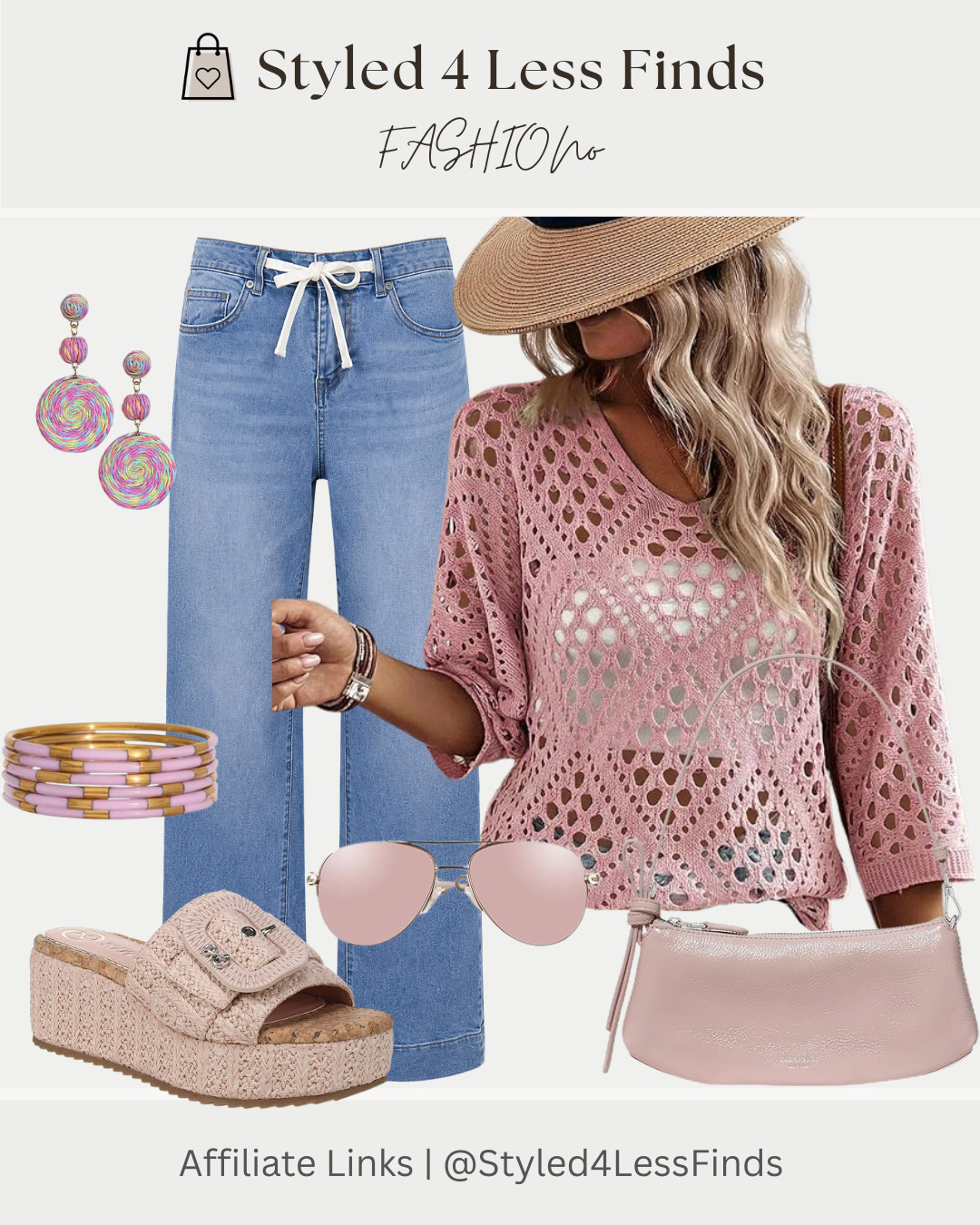 🌸 Pretty in Pink + Denim 💕

This soft blush crochet sweater paired with light-wash drawstring denim is the perfect mix of feminine and casual for summer. Add woven platform sandals, a coordinating blush bag, and a few statement accessories for an effortless look that feels polished without trying too hard.

✨ Style Tip: When wearing an open-knit sweater, layer a neutral cami underneath to keep the look chic and balanced. Matching your accessories to one color family (like these blush tones) creates a cohesive outfit that looks elevated and put together. 

 #LTKcanada #LTKsummer #LTKover50style