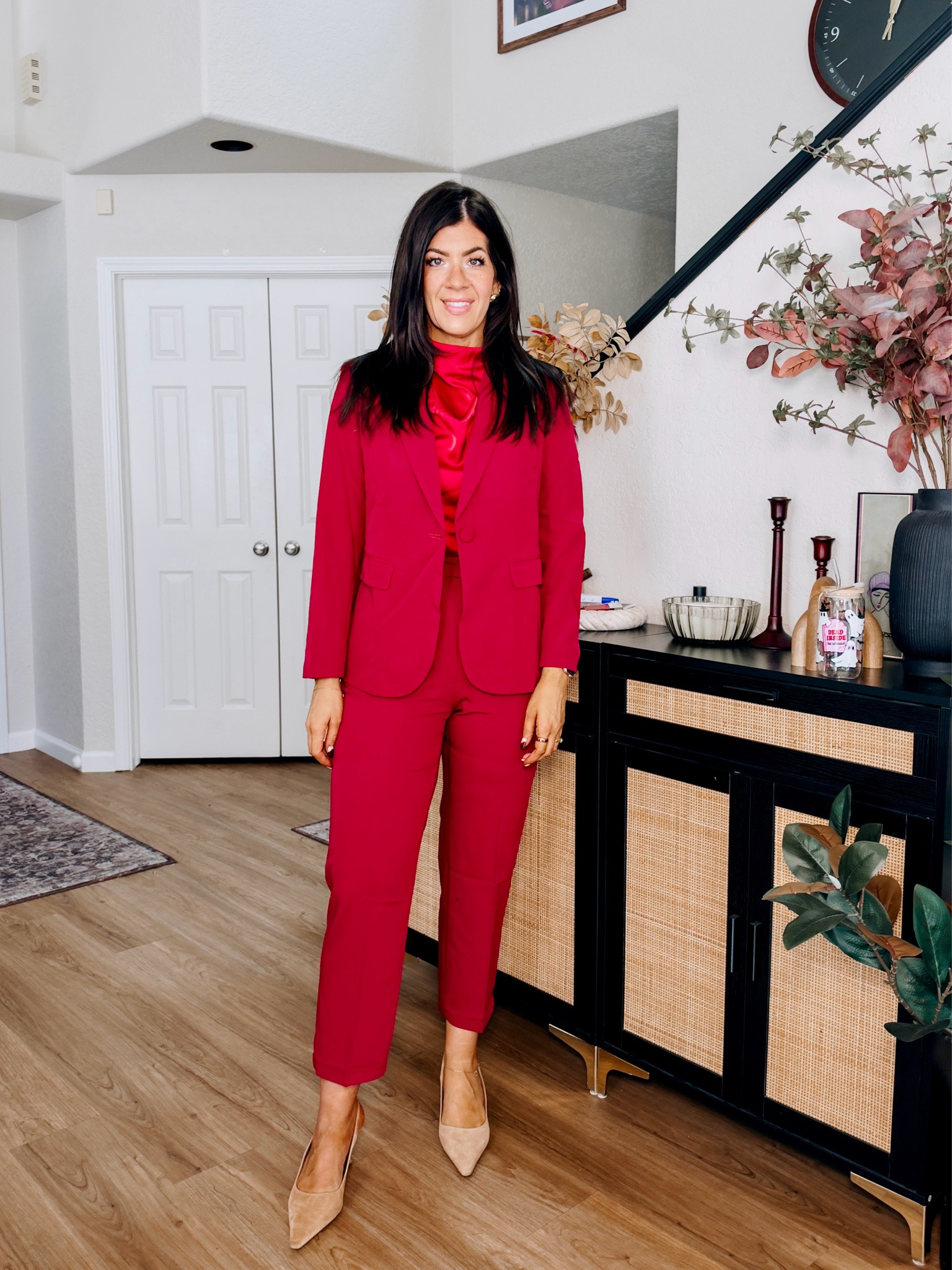 Workwear under $50
In a medium satin top and. Large suit set