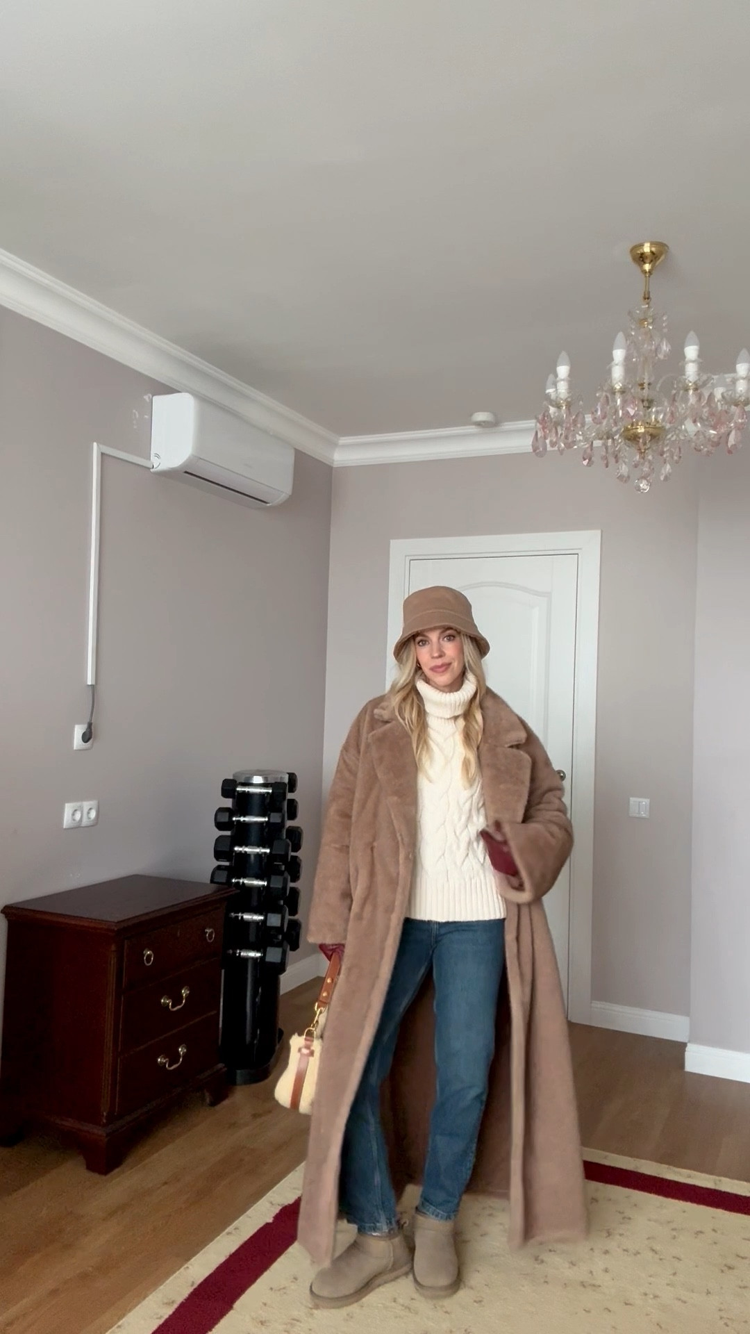 Holiday shopping look, cozy outfit, camel fur coat, shearling bucket hat, cable knit sweater, Zara mom jeans, Ugg ultra mini boots, red leather gloves, shearling bag

#LTKFindsUnder50 #LTKootd #LTKHoliday
