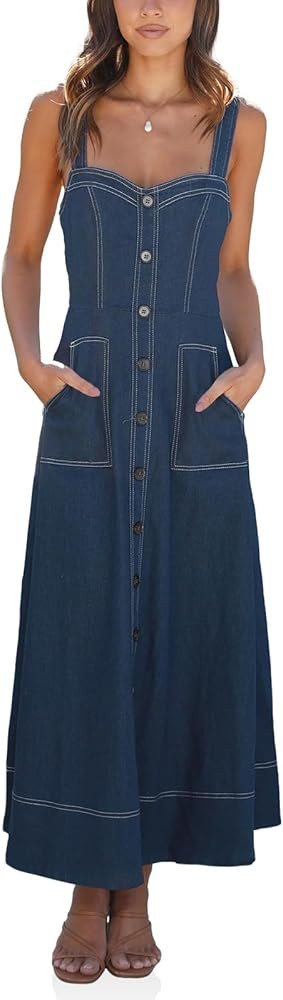 Fisoew Women's Long Denim Dress Sleeveless Adjustable Straps Stretch A Line Maxi Dress with Pocke... | Amazon (US)