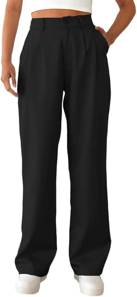 Bnycuml Women's Casual Straight Trousers High Waisted Button Work Office Dress Pants with Pockets | Amazon (US)