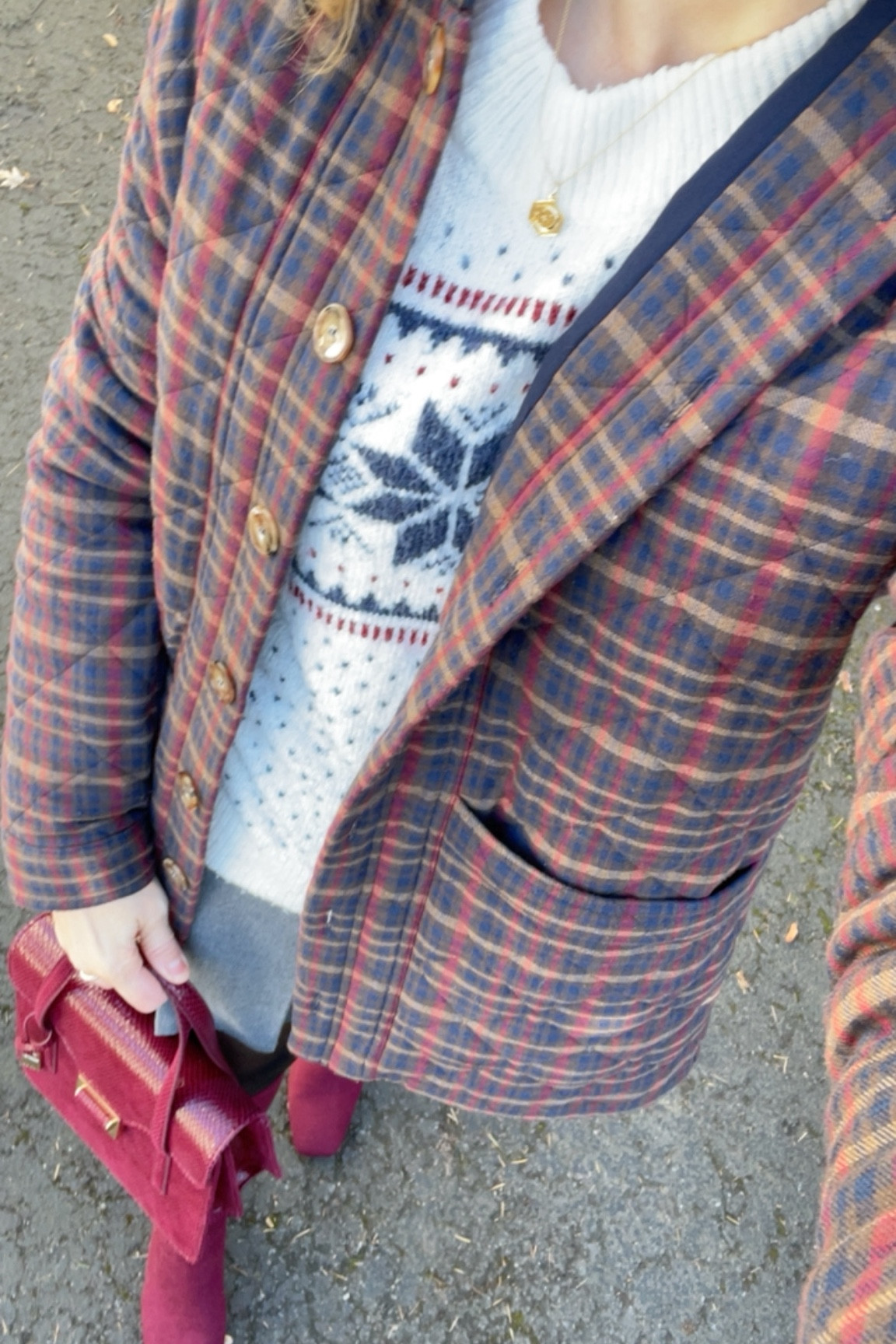 Plaid jacket, burgundy boots, fairl isle sweater, thanksgiving outfit, holiday outfit, outfit ice, sandwich method, burgundy handbag, leather bag, headband, gold necklace 

#LTKFindsUnder50 #LTKSeasonal #LTKHoliday