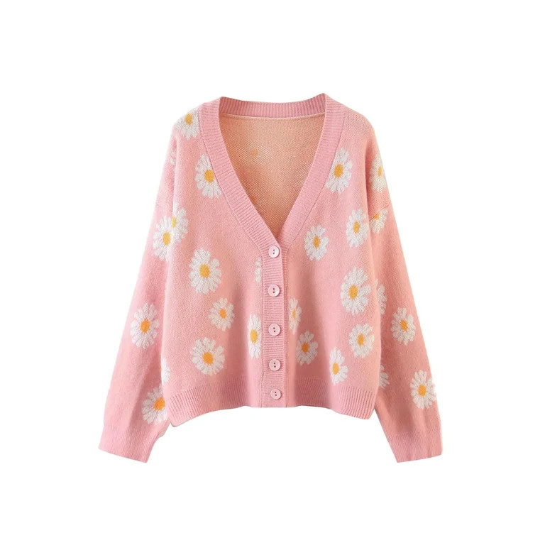 CenturyX Women's Floral Print Sweater V Neck Long Sleeve Cardigan Sweater Open Front Button Down ... | Walmart (US)