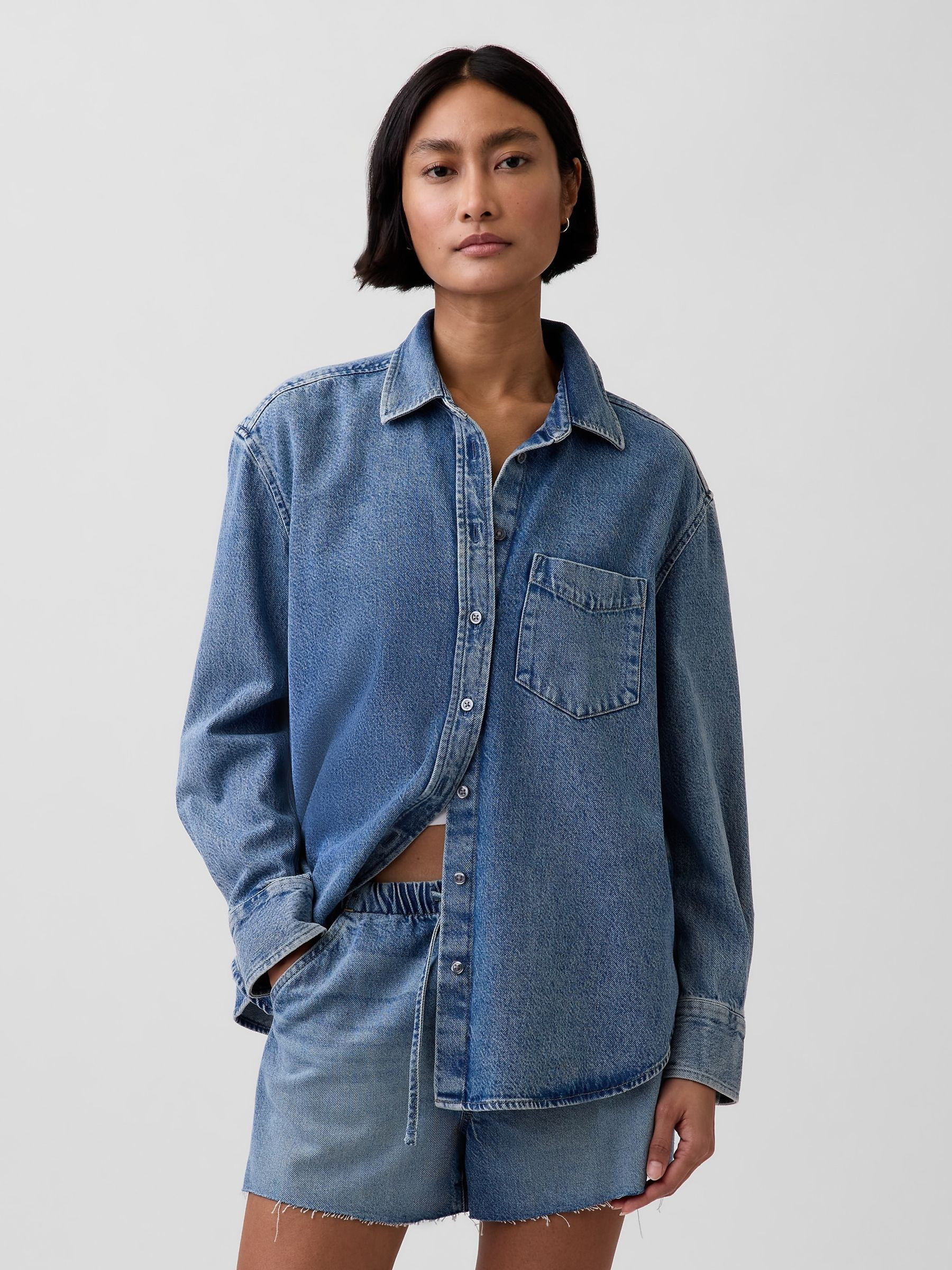 Medium wash UltraSoft Denim Oversized Shirt | Gap | GAP UK