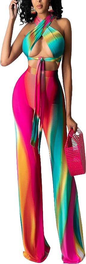 Ladies Sexy Dinner Set- Womens Rainbow Stripe Halter Tie Dye 2 Piece Outfits Jumpsuits Tube Crop ... | Amazon (US)