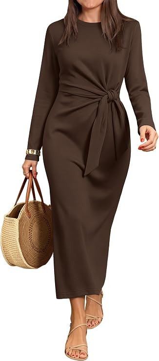 ANRABESS Womens Long Sleeve Fall Casual Tie Waist Midi Dress | Crewneck Back Slit Belted Dresses,... | Amazon (US)