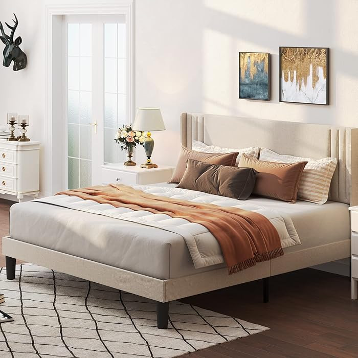 Gizoon Full Bed Frame with Wingback Headboard, Upholstered Platform Bed with Modern Geometric Hea... | Amazon (US)