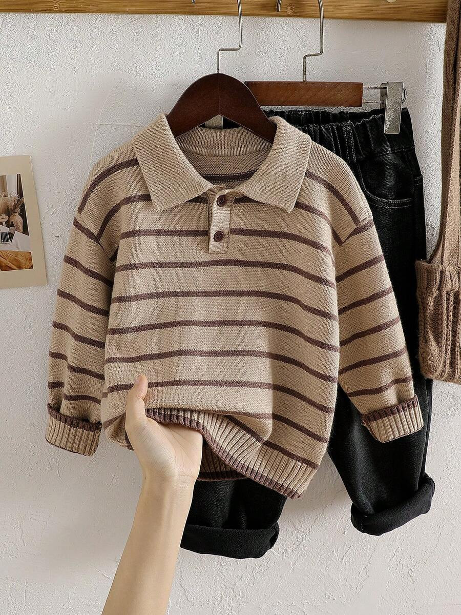 SHEIN Playful Pals Young Boys Sweater With Turn-Down Collar Long Sleeve Striped Color Block Sweater Suitable For Spring Autumn Winter Autumn/Winter Seasons Pullover | SHEIN