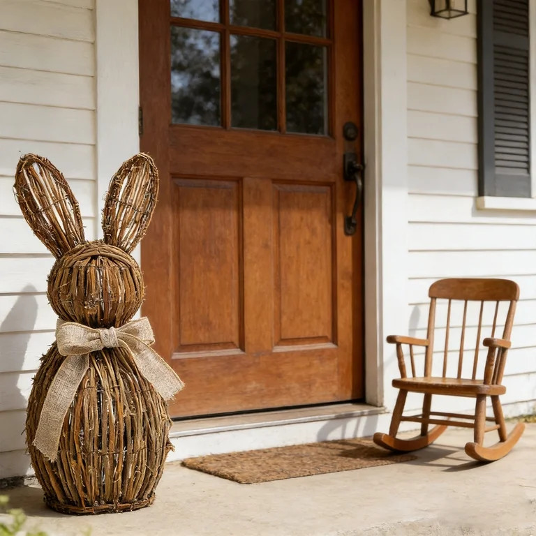 Easter Decorations Wicker Bunny Decor Large Rattan Bunny with Linen Bow Woven Outdoor Wicker Topi... | Walmart (US)