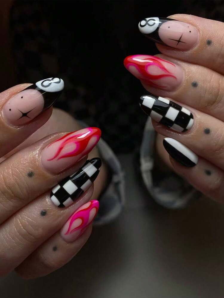 24pcs Almond-Shaped Black & White Plaid French Manicure Nail Stickers, With Spade 8, Star And Fla... | SHEIN