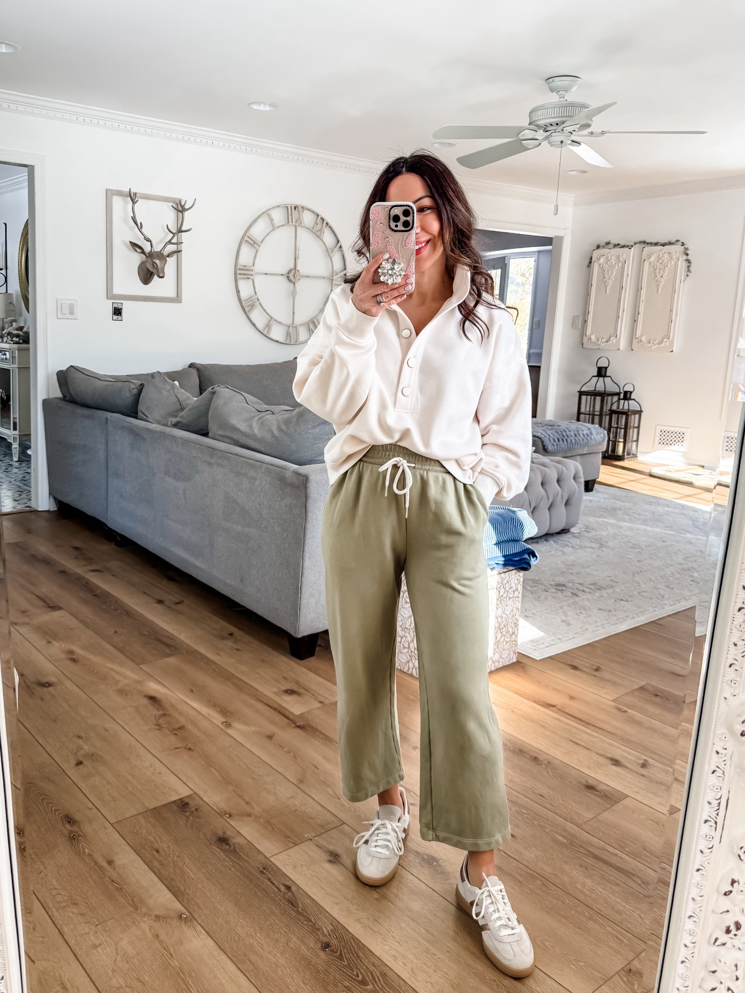 Small Henley sweatshirt. Xs sweatpants. Sneakers size down. Walmart fashion.

#LTKootd #LTKOver40