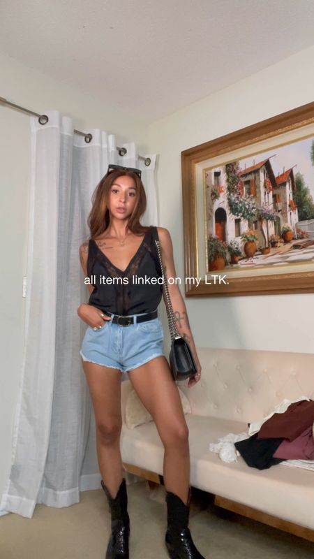 black summer outfit with western boots & denim shorts. 🫶🏽

This bodysuit is STUNNING! I feel like you could style it sooo many ways. 

Everything is TTS! 

#LTKFind #LTKSeasonal #LTKstyletip